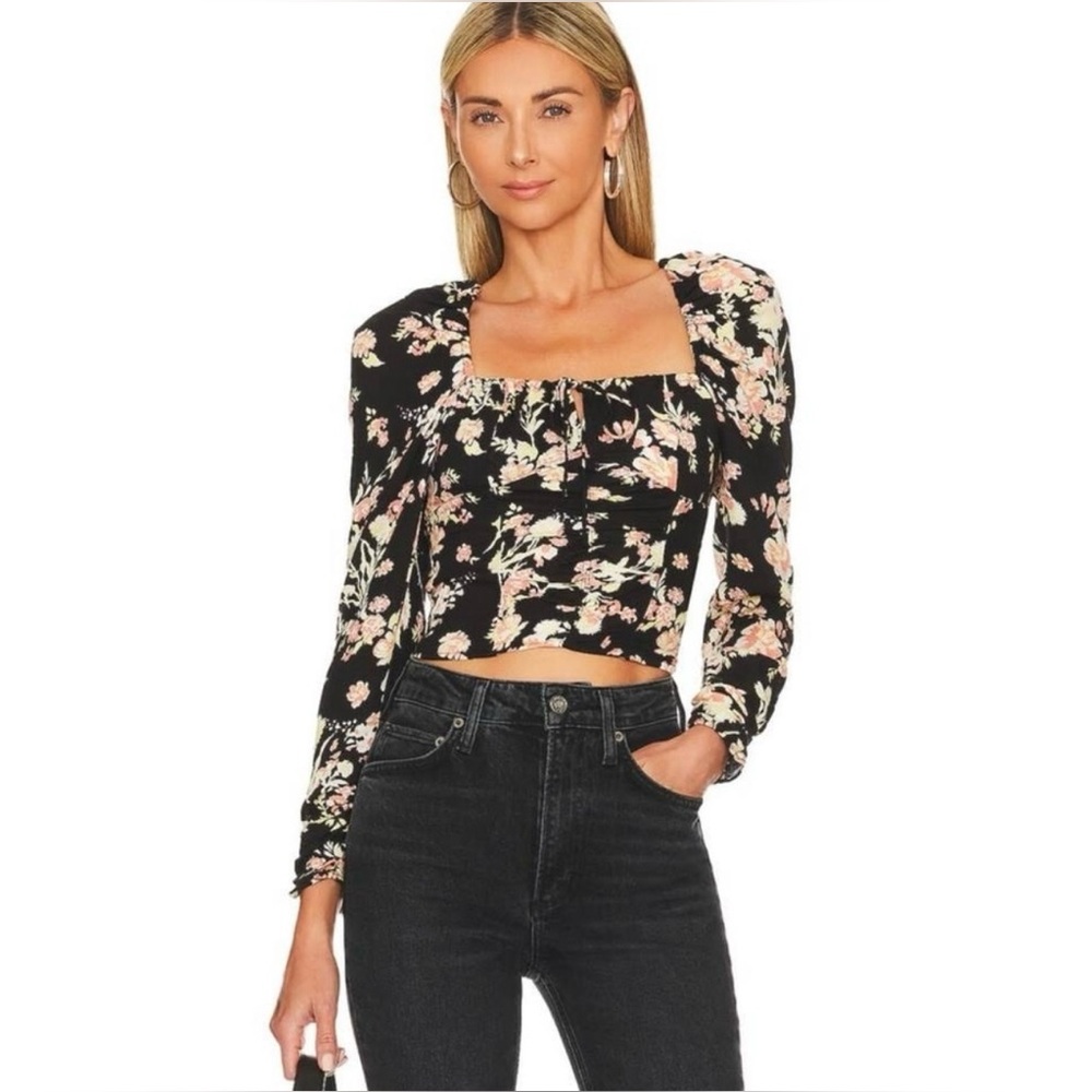 Free People Black Floral Print Keyhole Neck Boho Peasant Hilary Top Size Small